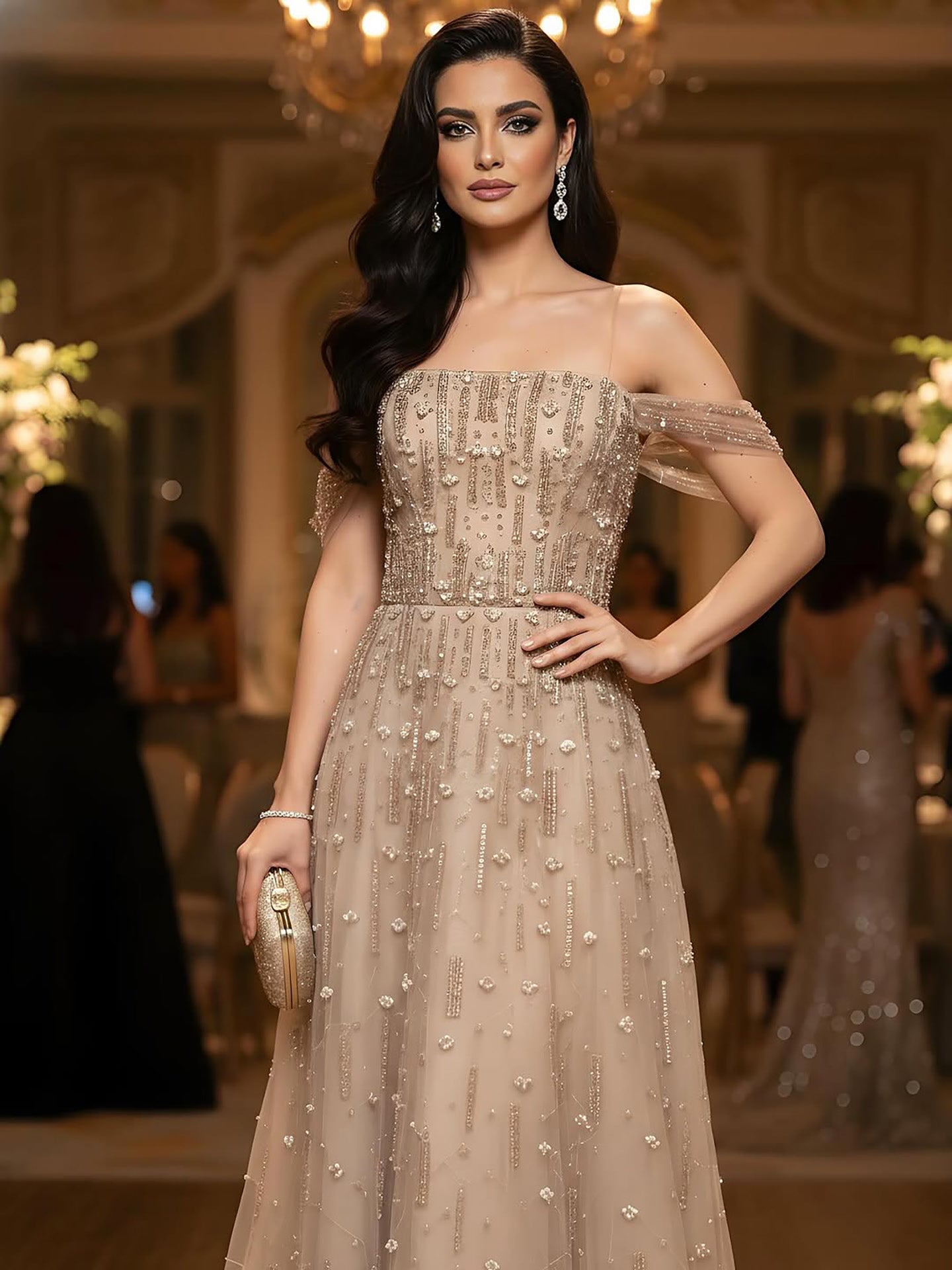 Luxury Arabic Pink Off Shoulder Beaded A-Line Evening Dress LA73326