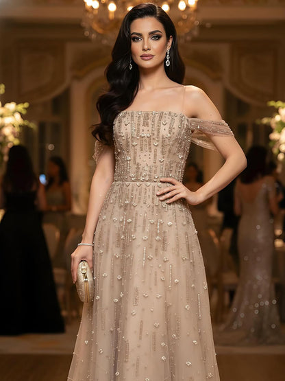 Luxury Arabic Pink Off Shoulder Beaded A-Line Evening Dress LA73326