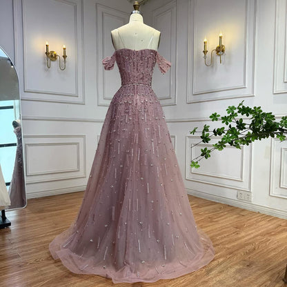 Luxury Arabic Pink Off Shoulder Beaded A-Line Evening Dress LA73326