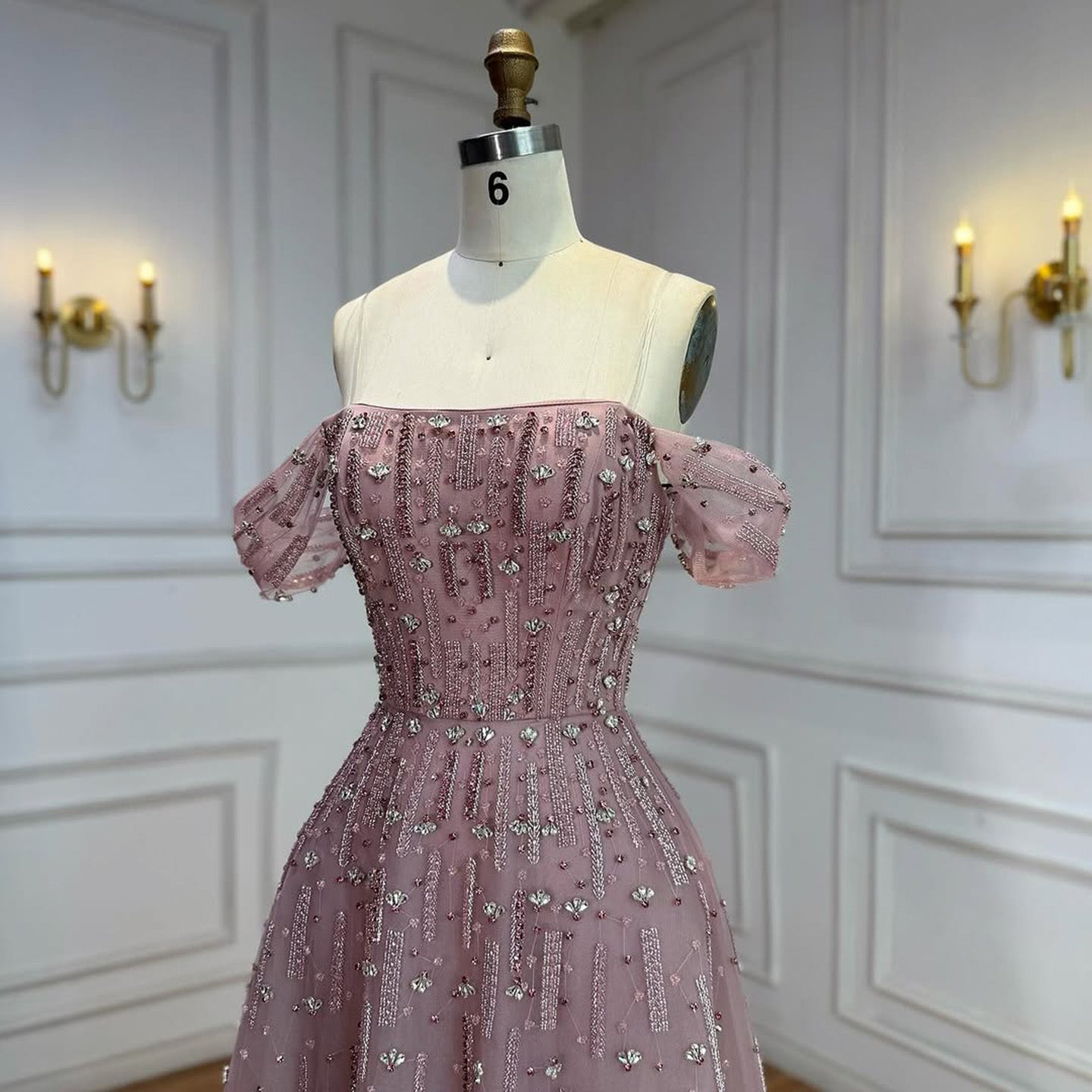 Luxury Arabic Pink Off Shoulder Beaded A-Line Evening Dress LA73326