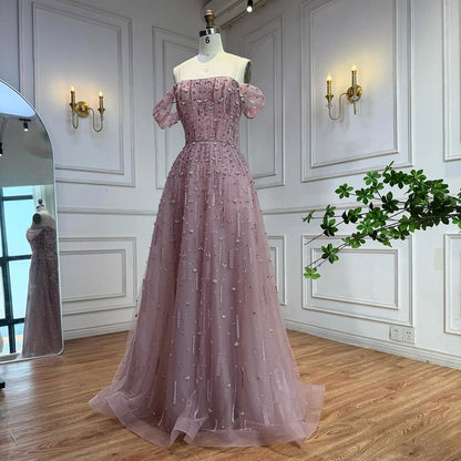 Luxury Arabic Pink Off Shoulder Beaded A-Line Evening Dress LA73326