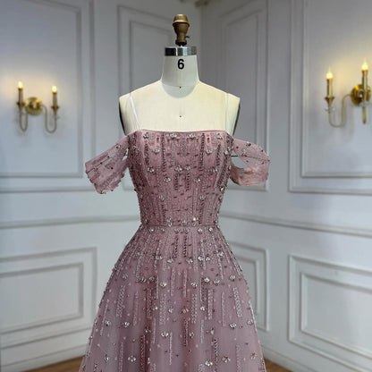 Luxury Arabic Pink Off Shoulder Beaded A-Line Evening Dress LA73326