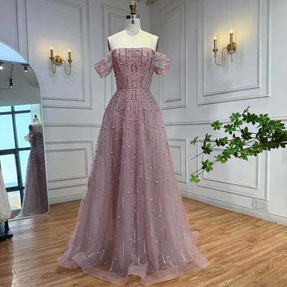 Luxury Arabic Pink Off Shoulder Beaded A-Line Evening Dress LA73326