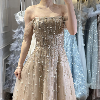 Luxury Arabic Pink Off Shoulder Beaded A-Line Evening Dress LA73326