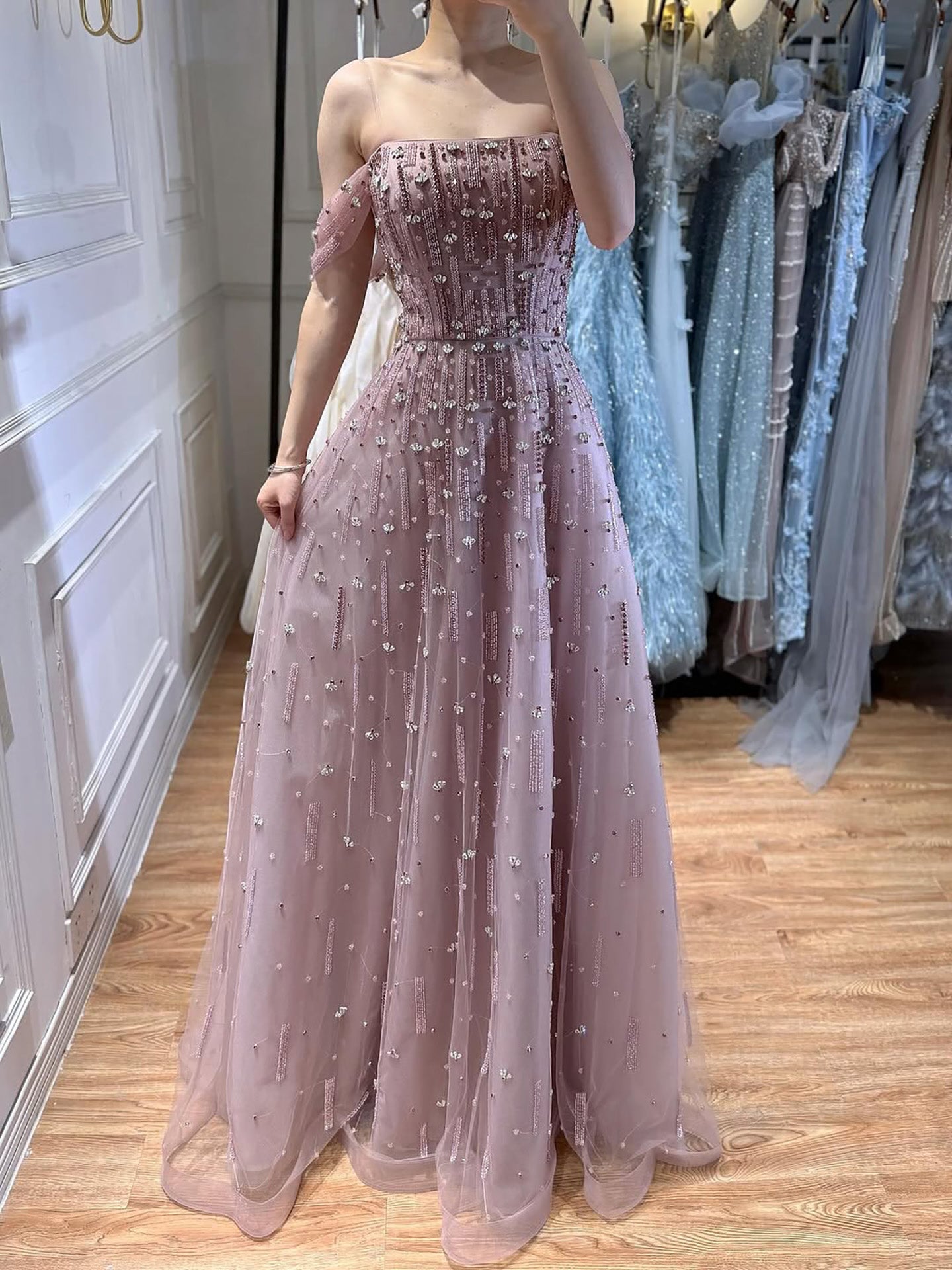 Luxury Arabic Pink Off Shoulder Beaded A-Line Evening Dress LA73326