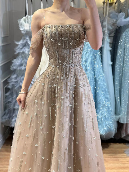 Luxury Arabic Pink Off Shoulder Beaded A-Line Evening Dress LA73326