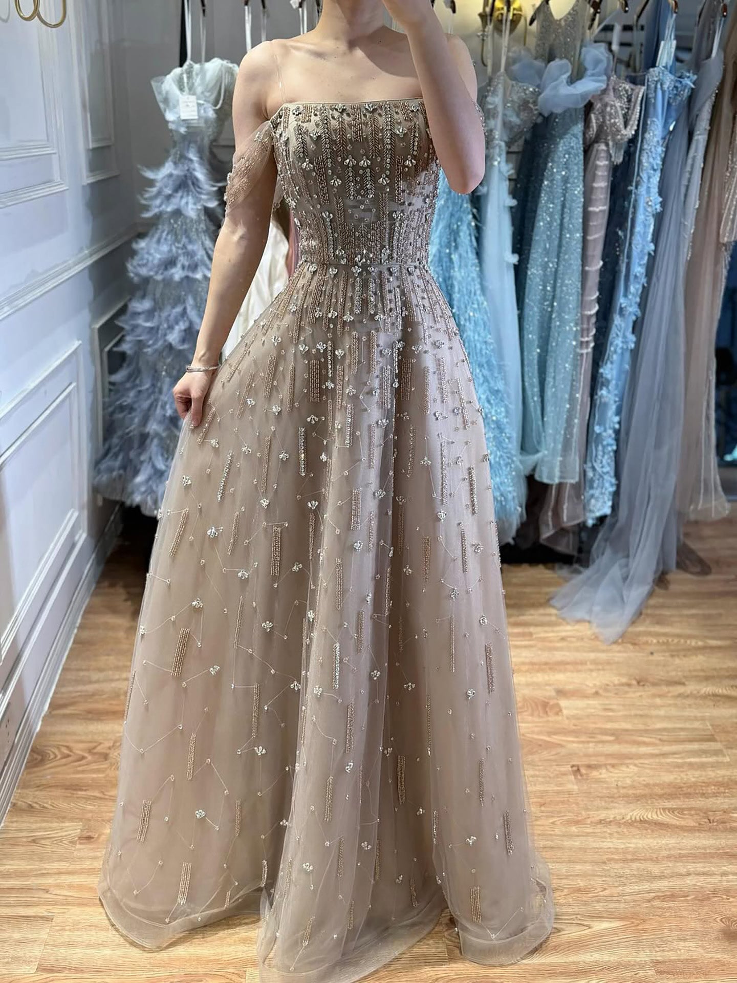 Luxury Arabic Pink Off Shoulder Beaded A-Line Evening Dress LA73326