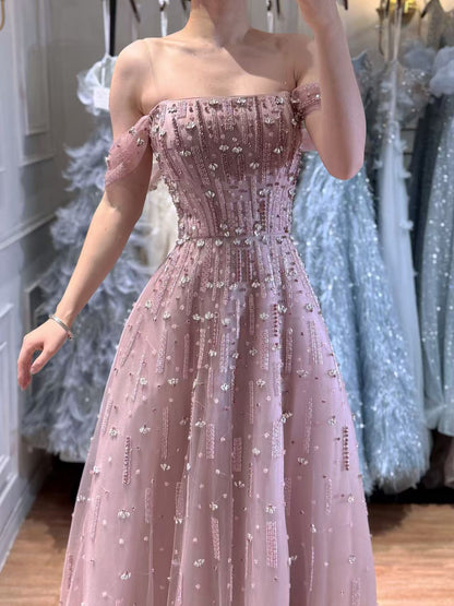 Luxury Arabic Pink Off Shoulder Beaded A-Line Evening Dress LA73326
