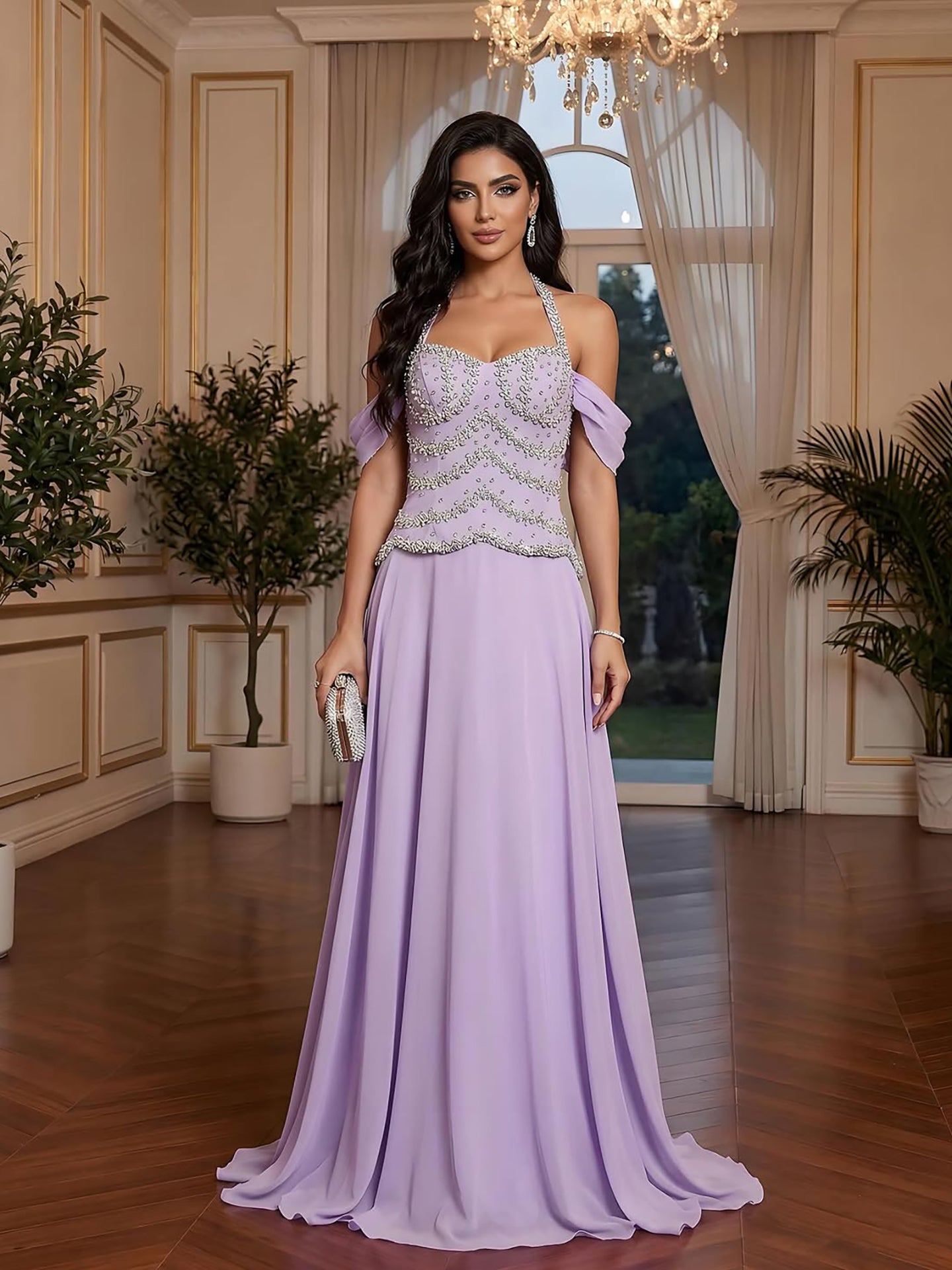 Luxury Arabic Lilac Chiffon Beaded A-Line Evening Dress LA73327