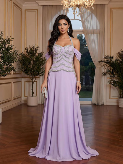 Luxury Arabic Lilac Chiffon Beaded A-Line Evening Dress LA73327