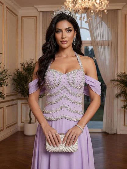 Luxury Arabic Lilac Chiffon Beaded A-Line Evening Dress LA73327