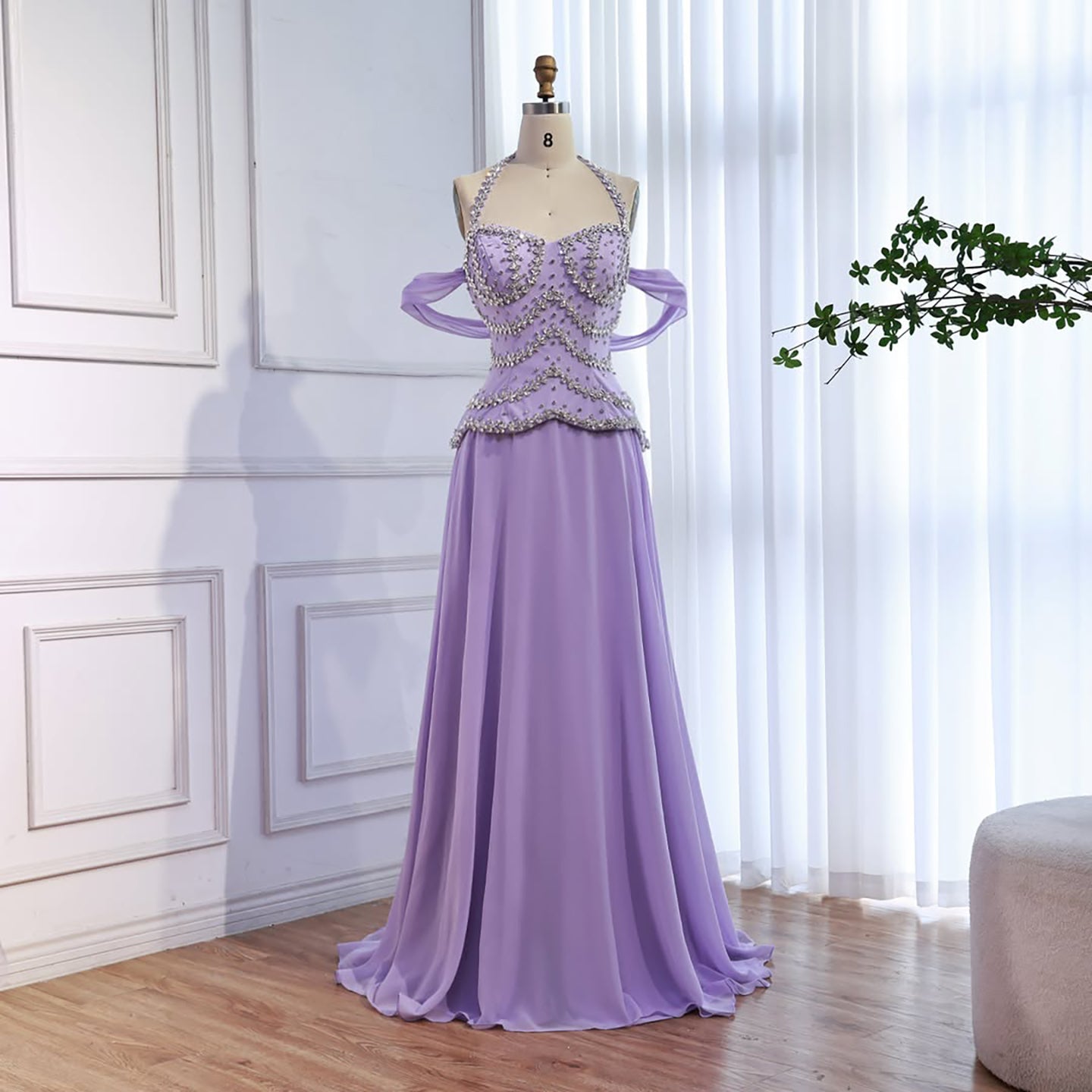 Luxury Arabic Lilac Chiffon Beaded A-Line Evening Dress LA73327