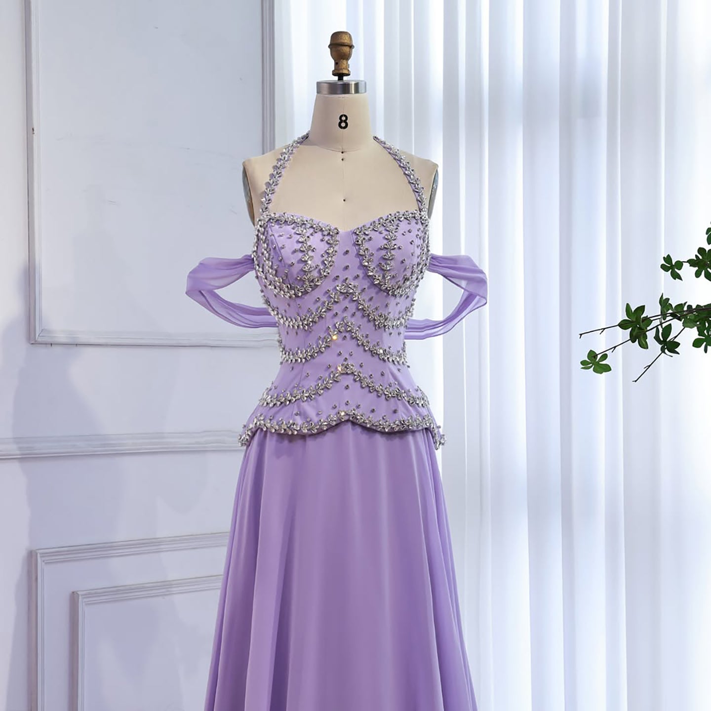 Luxury Arabic Lilac Chiffon Beaded A-Line Evening Dress LA73327
