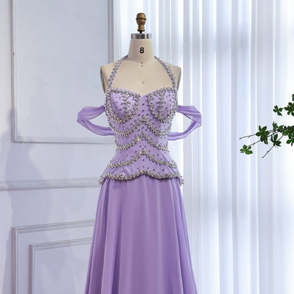 Luxury Arabic Lilac Chiffon Beaded A-Line Evening Dress LA73327