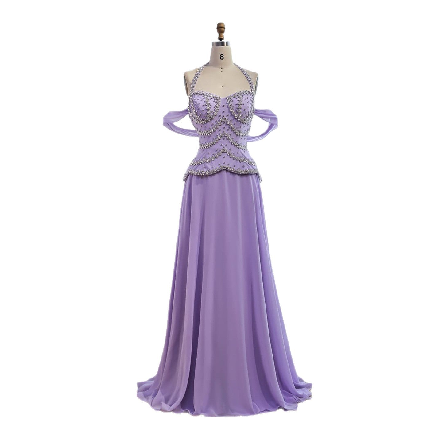 Luxury Arabic Lilac Chiffon Beaded A-Line Evening Dress LA73327