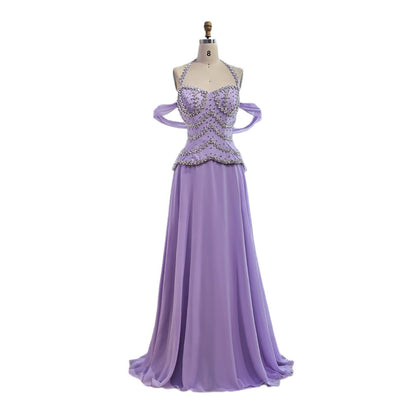 Luxury Arabic Lilac Chiffon Beaded A-Line Evening Dress LA73327