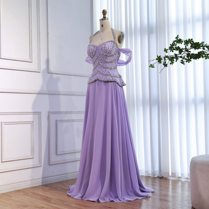 Luxury Arabic Lilac Chiffon Beaded A-Line Evening Dress LA73327