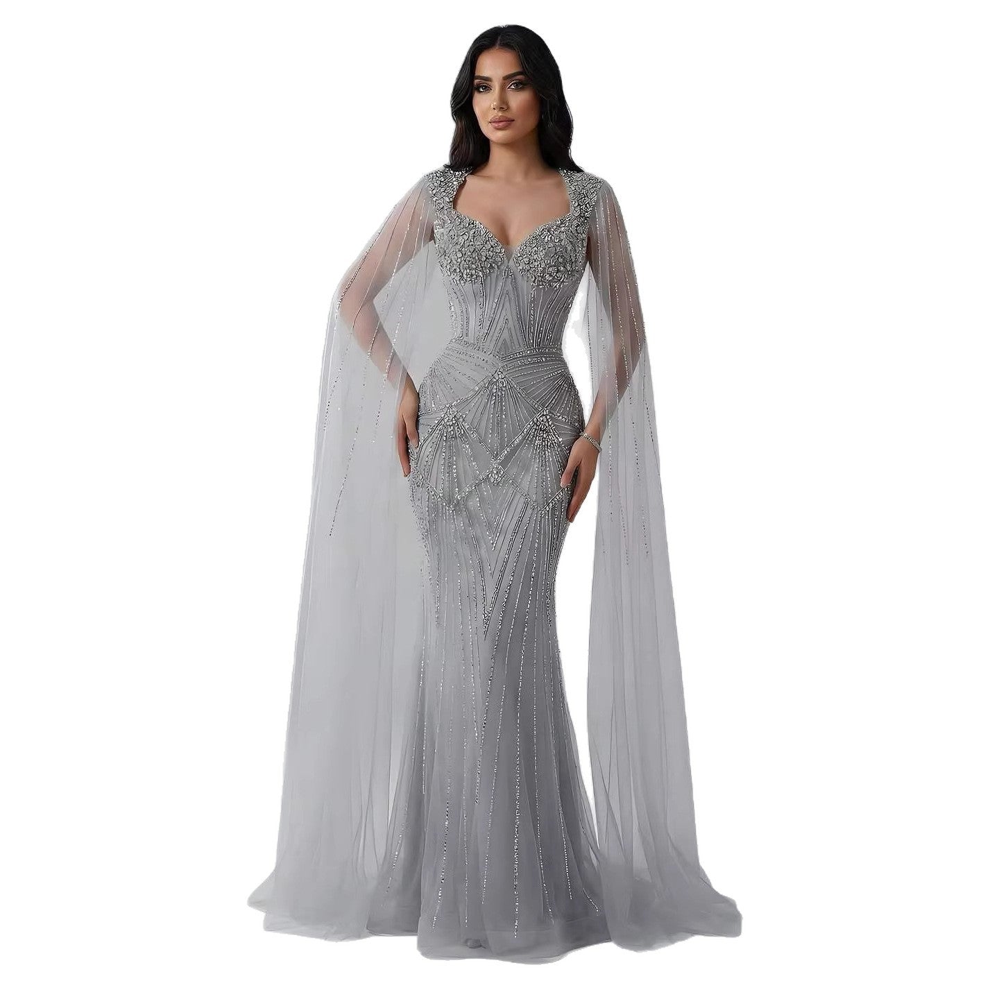 Luxury Dubai Pink Beaded Evening Dress With Cape LA73329