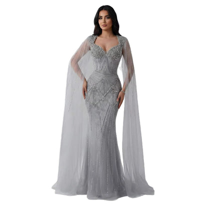 Luxury Dubai Pink Beaded Evening Dress With Cape LA73329