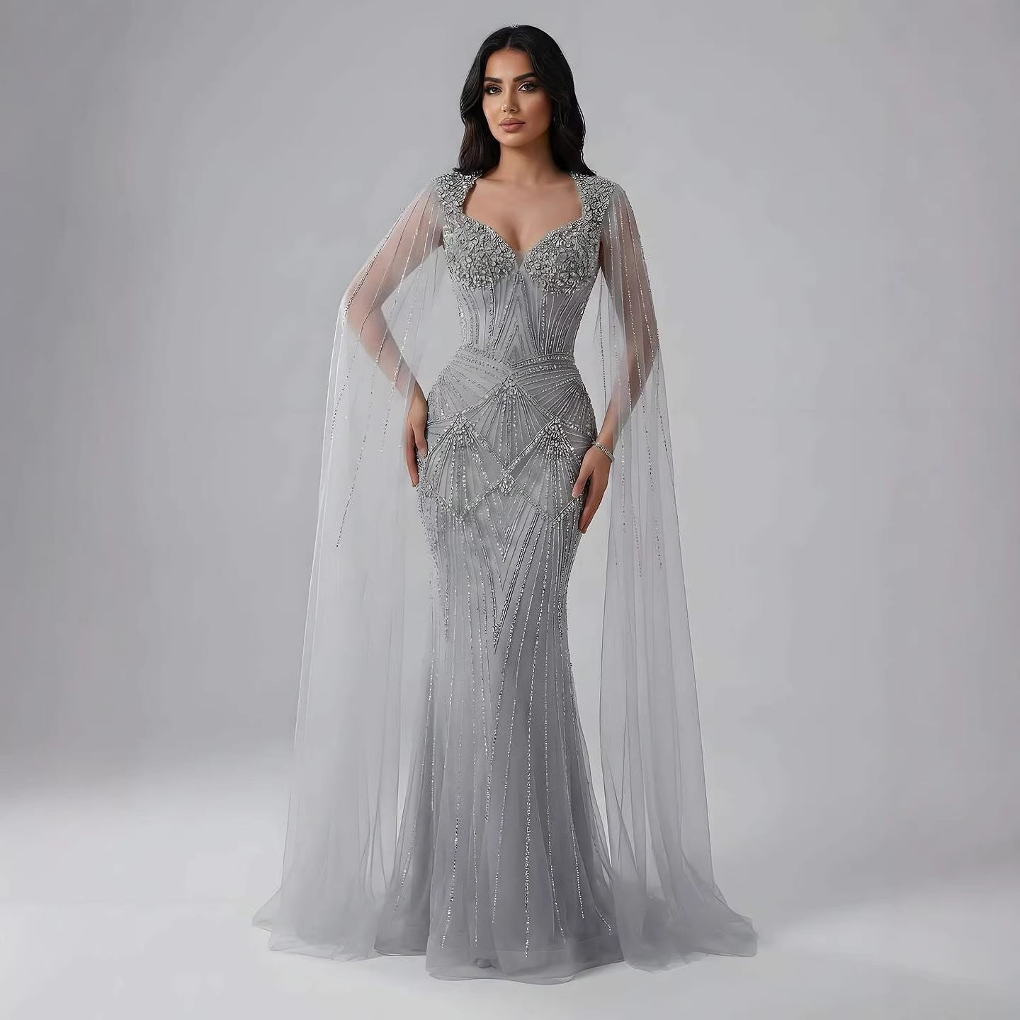 Luxury Dubai Pink Beaded Evening Dress With Cape LA73329