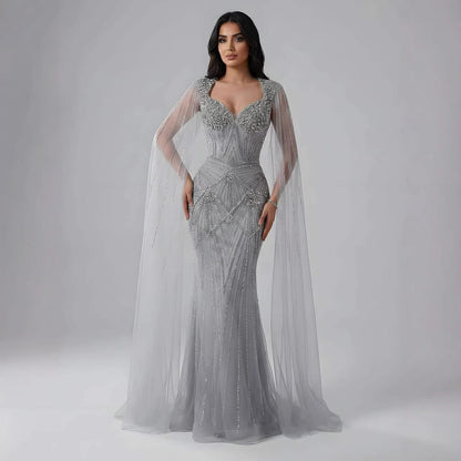 Luxury Dubai Pink Beaded Evening Dress With Cape LA73329