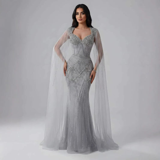 Luxury Dubai Pink Beaded Evening Dress With Cape LA73329