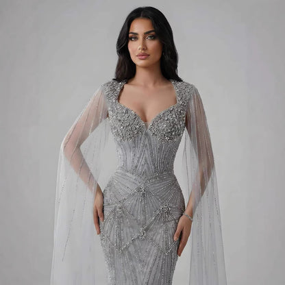 Luxury Dubai Pink Beaded Evening Dress With Cape LA73329