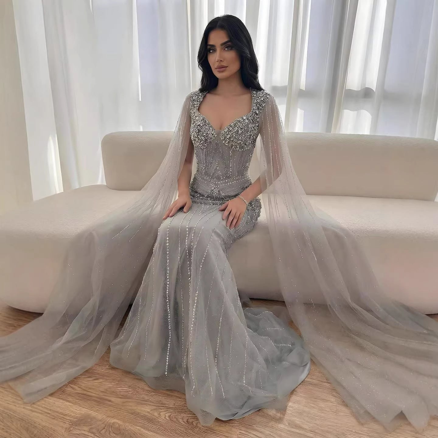 Luxury Dubai Pink Beaded Evening Dress With Cape LA73329