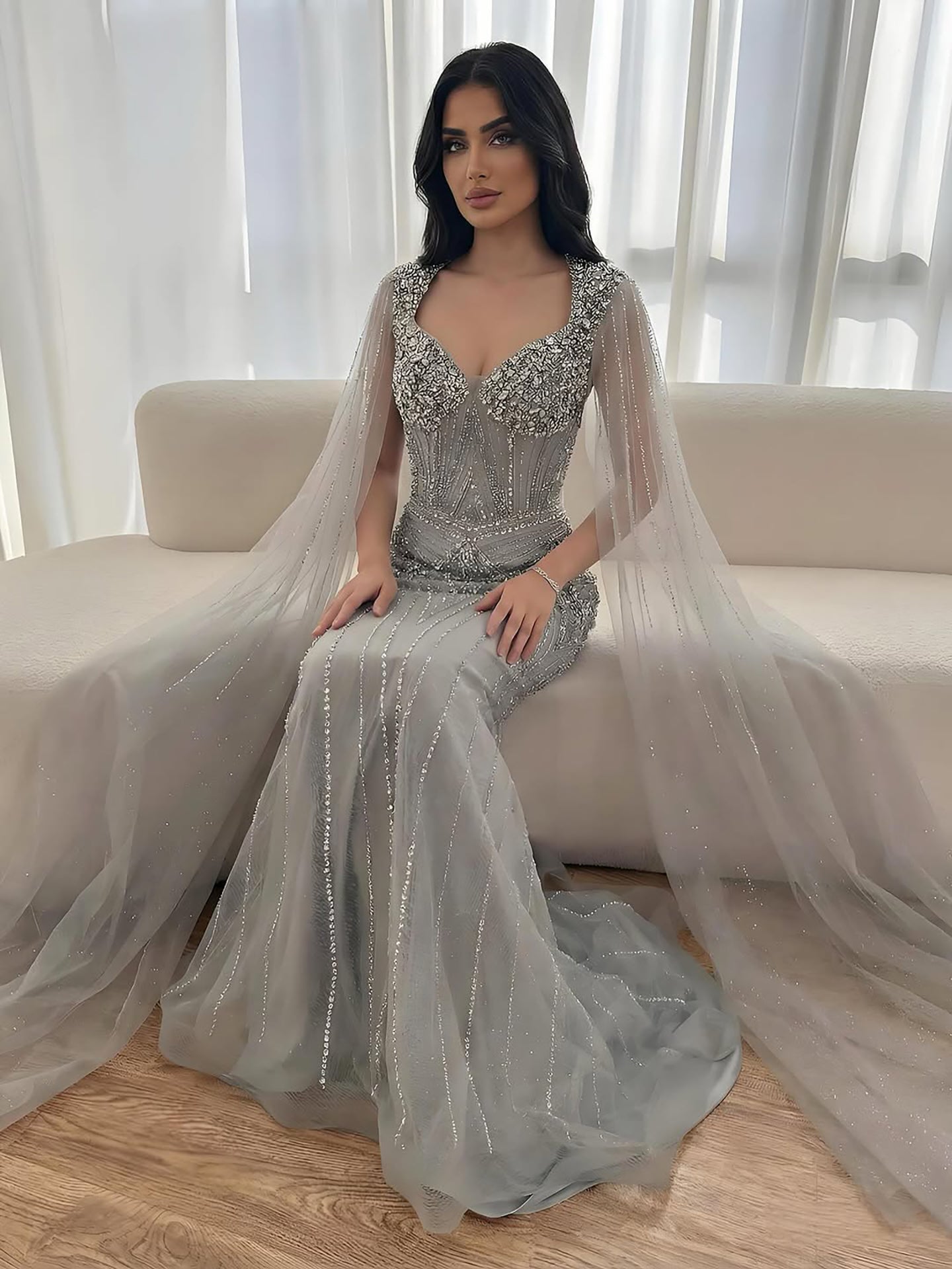 Luxury Dubai Pink Beaded Evening Dress With Cape LA73329