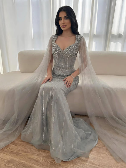 Luxury Dubai Pink Beaded Evening Dress With Cape LA73329