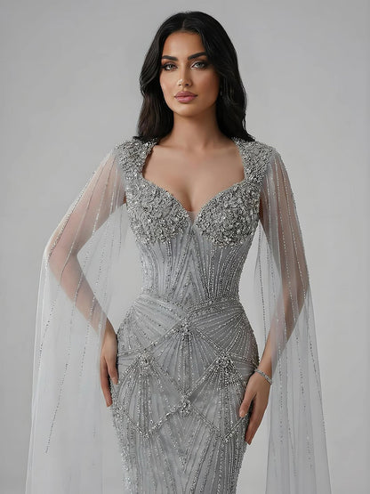 Luxury Dubai Pink Beaded Evening Dress With Cape LA73329