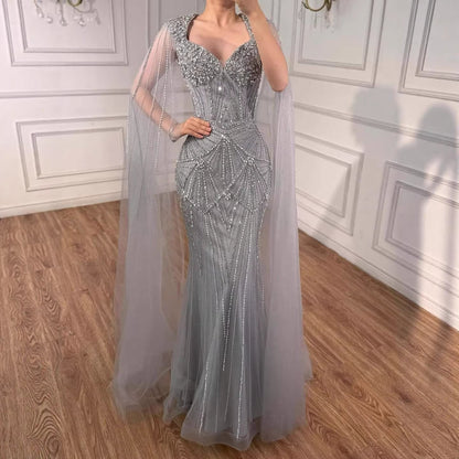 Luxury Dubai Pink Beaded Evening Dress With Cape LA73329