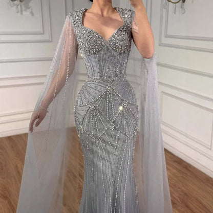 Luxury Dubai Pink Beaded Evening Dress With Cape LA73329