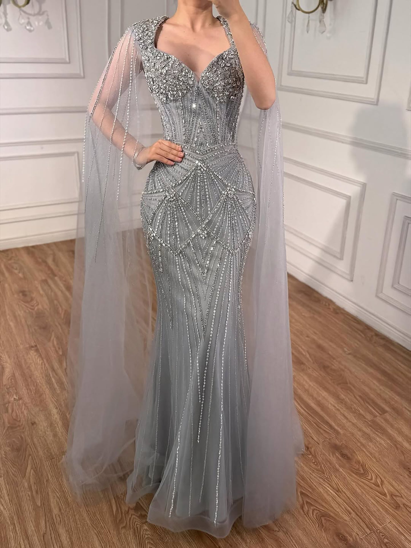 Luxury Dubai Pink Beaded Evening Dress With Cape LA73329