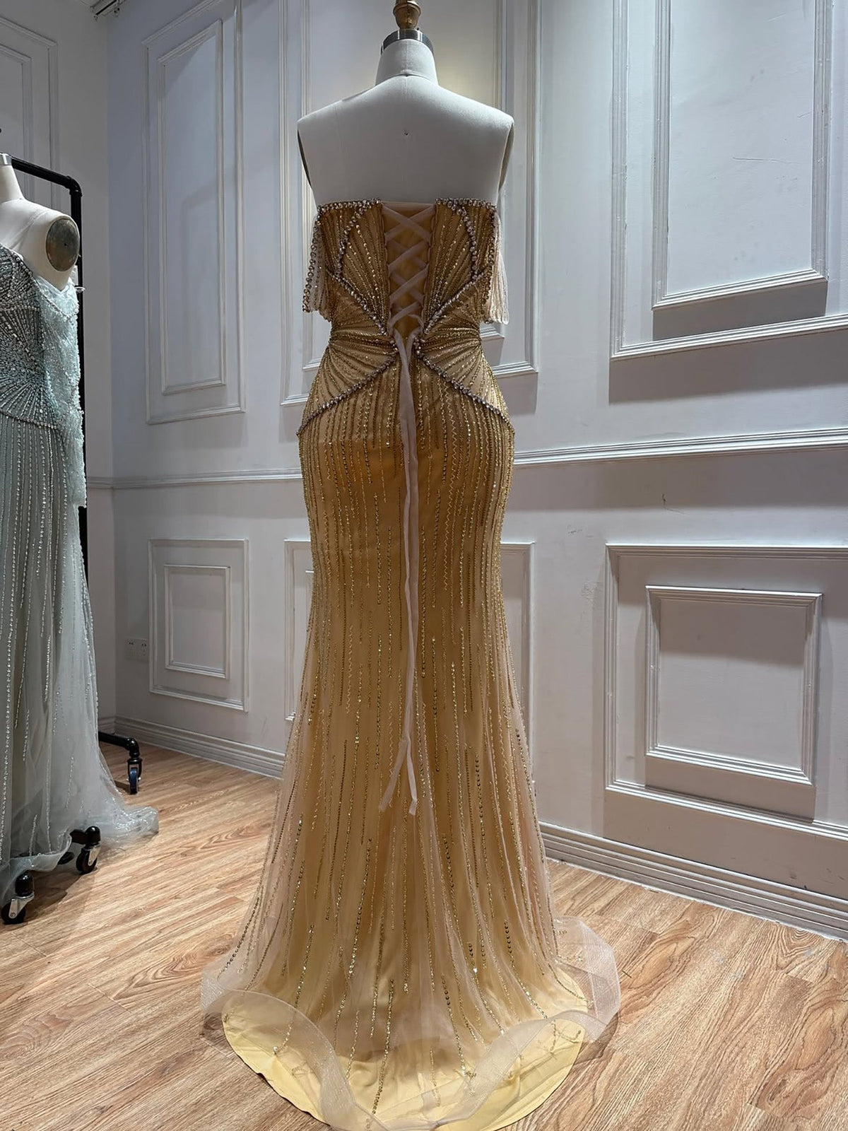 Luxury Gold Off Shoulder Beaded Mermaid Evening Dress LA73333A