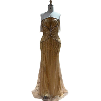 Luxury Gold Off Shoulder Beaded Mermaid Evening Dress LA73333A