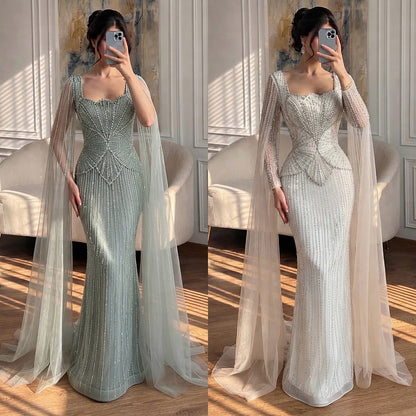 Luxury Beige Crystal Beaded Mermaid Gown with Split Cape Sleeves LA73333B