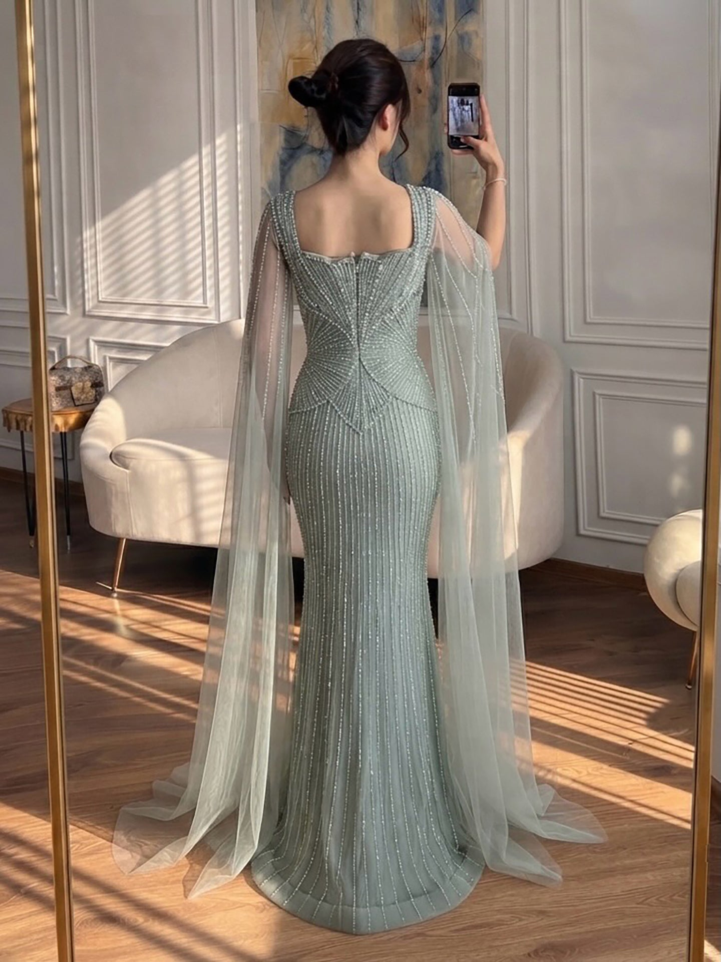 Luxury Beige Crystal Beaded Mermaid Gown with Split Cape Sleeves LA73333B