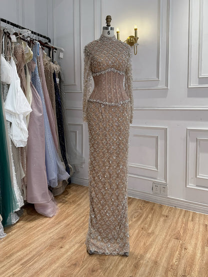 Luxury Nude Beaded Two Pieces Corset Evening Dress LA73335