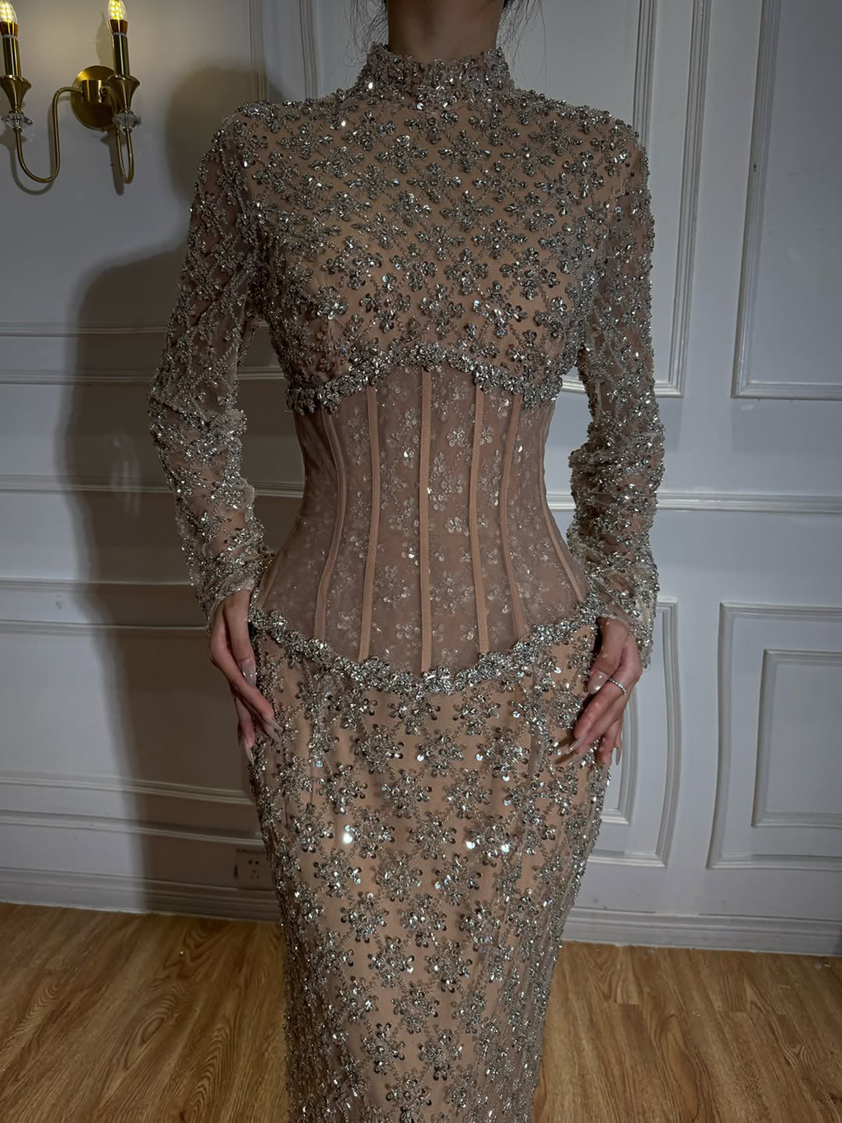 Luxury Nude Beaded Two Pieces Corset Evening Dress LA73335
