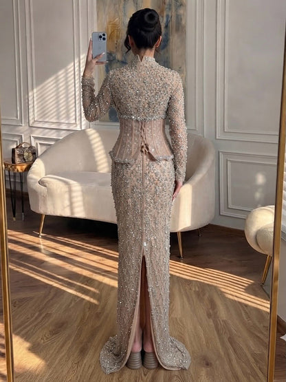 Luxury Nude Beaded Two Pieces Corset Evening Dress LA73335