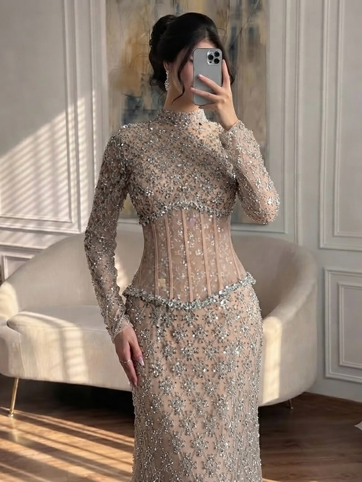 Luxury Nude Beaded Two Pieces Corset Evening Dress LA73335