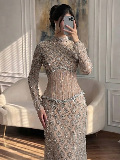 Luxury Nude Beaded Two Pieces Corset Evening Dress LA73335