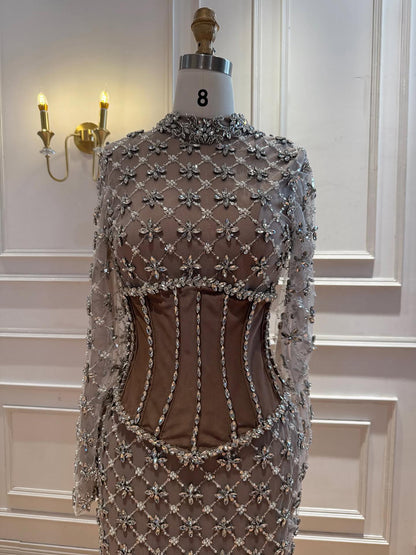Luxury Caramel Crystal Beaded Corset Mermaid Evening Dress LA73335A