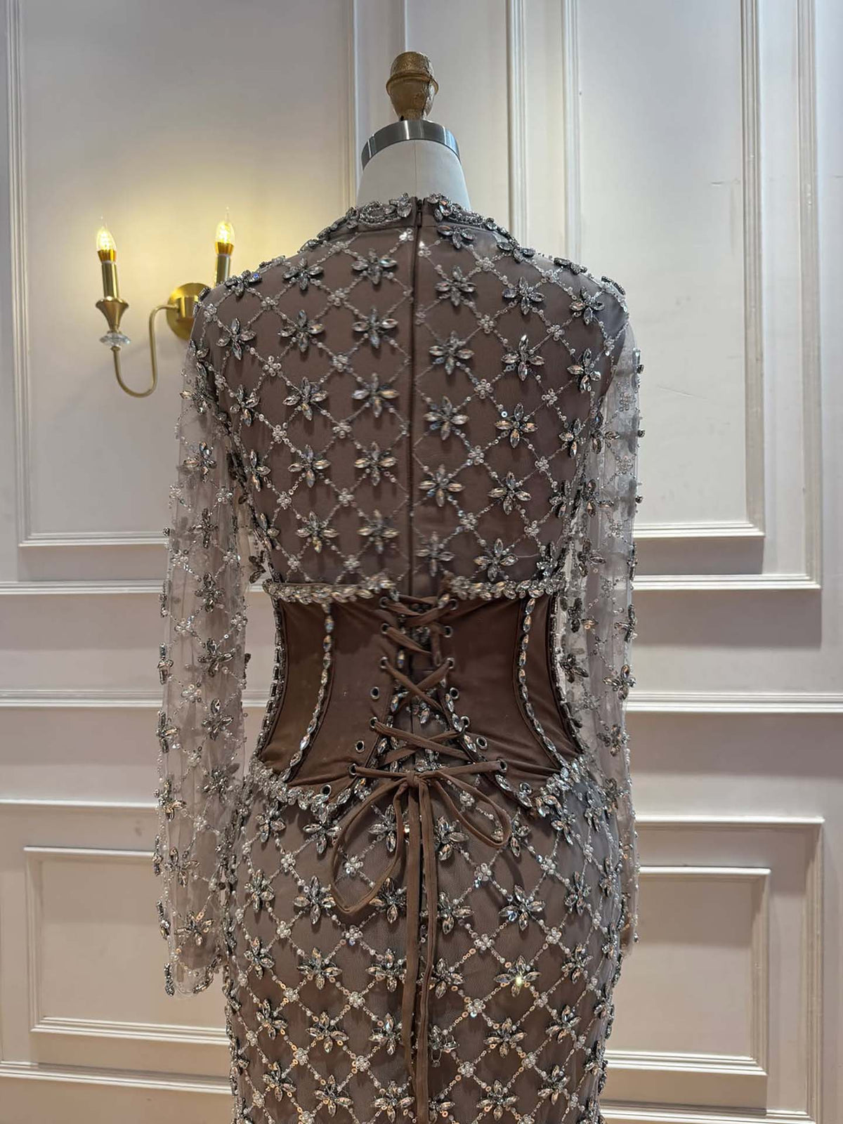 Luxury Caramel Crystal Beaded Corset Mermaid Evening Dress LA73335A
