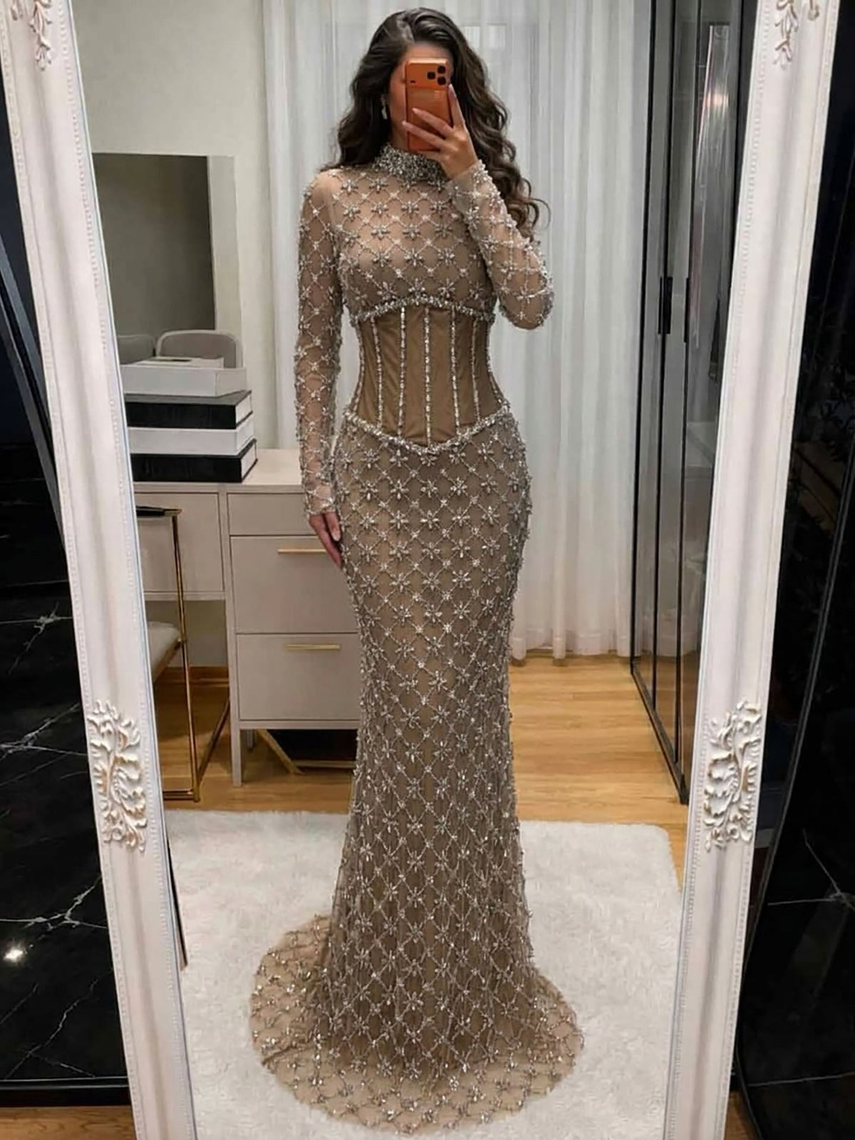 Luxury Caramel Crystal Beaded Corset Mermaid Evening Dress LA73335A