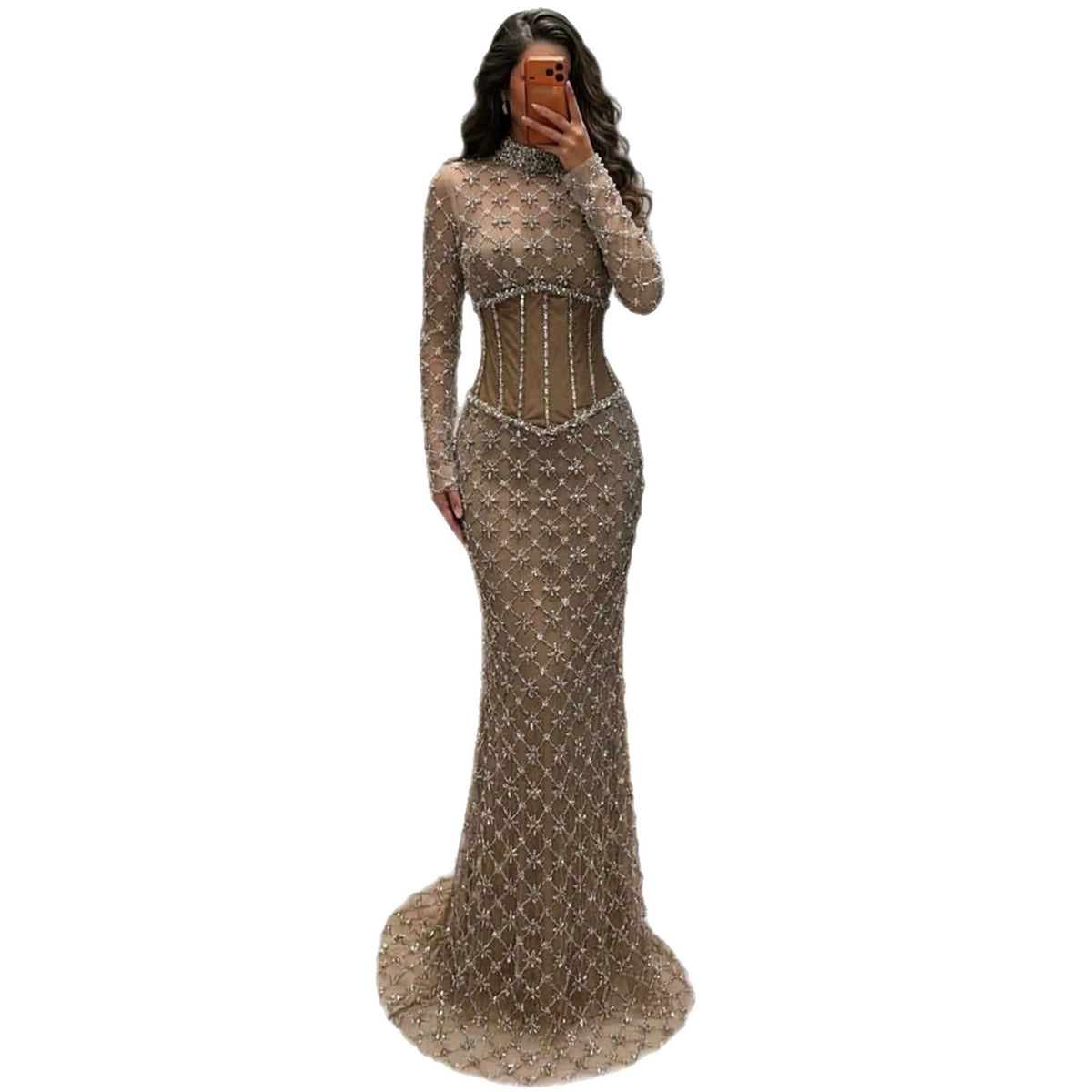Luxury Caramel Crystal Beaded Corset Mermaid Evening Dress LA73335A
