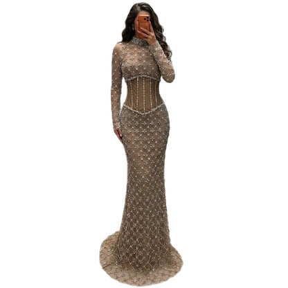 Luxury Caramel Crystal Beaded Corset Mermaid Evening Dress LA73335A