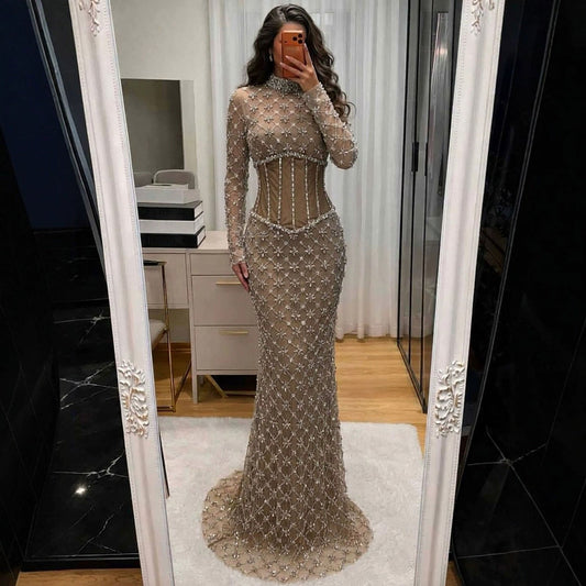 Luxury Caramel Crystal Beaded Corset Mermaid Evening Dress LA73335A