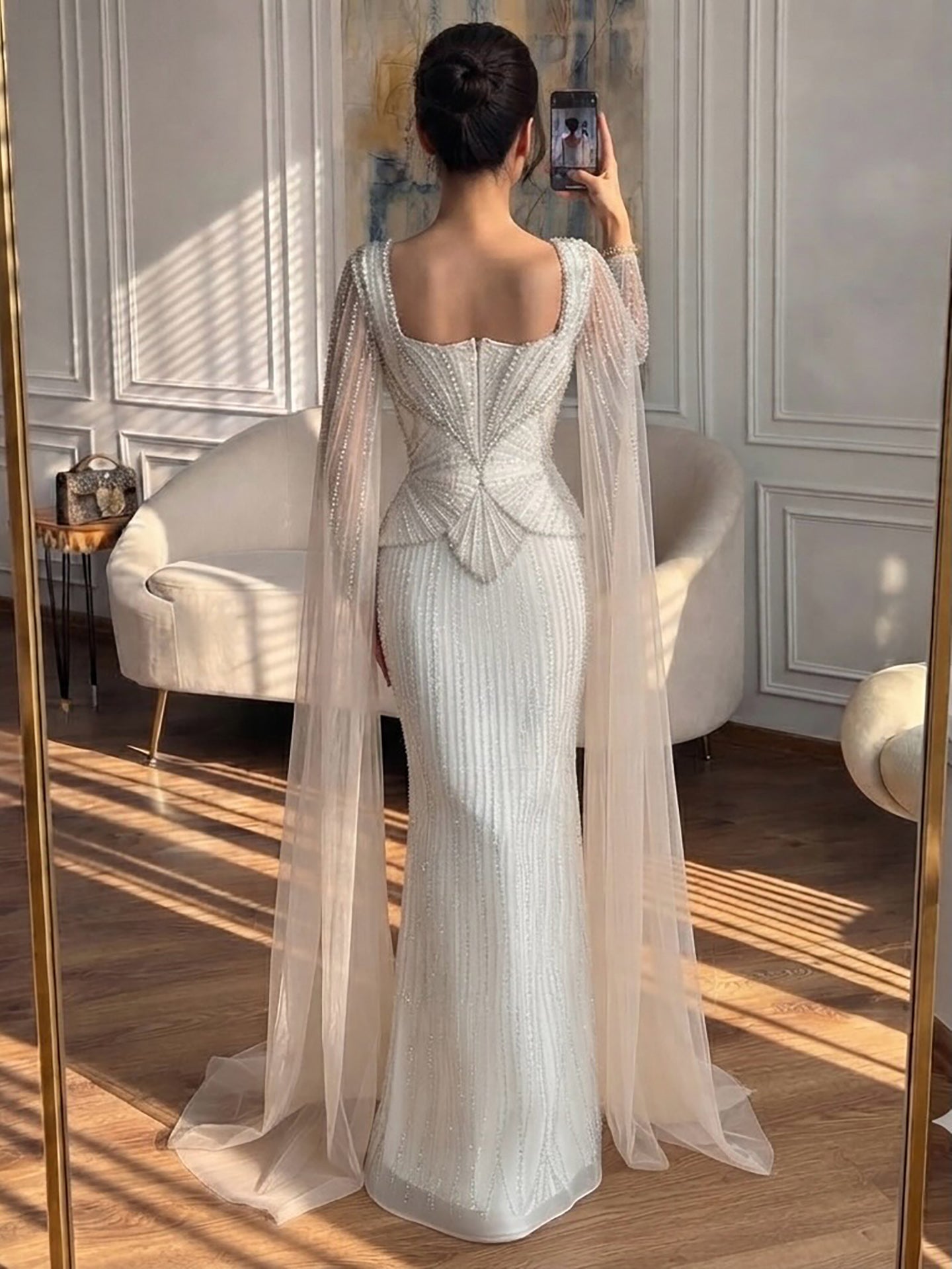 Luxury White Crystal Beaded Mermaid Gown with Split Cape Sleeves LA7333B